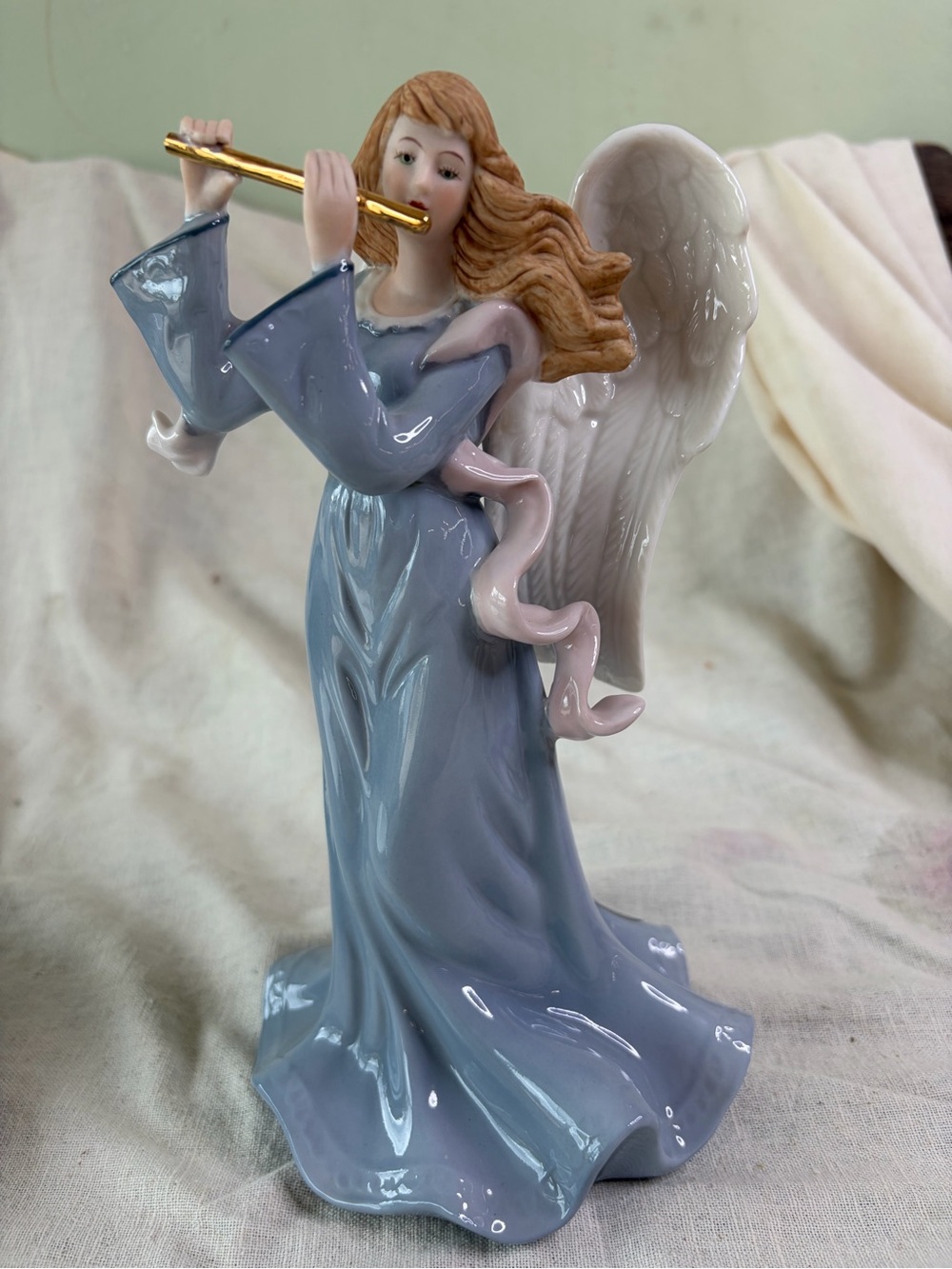 Porcelain Angel Figurine with Flute — Blue Dress, Gold Flute